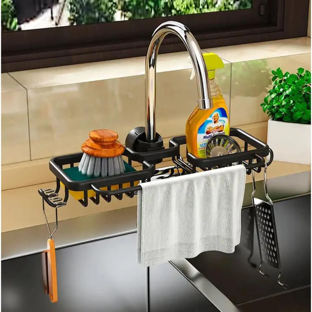 Raft organizator dublu, universal pentru bucatarie sau baie, montaj pe robinet, material otel, culoare Neagra - 