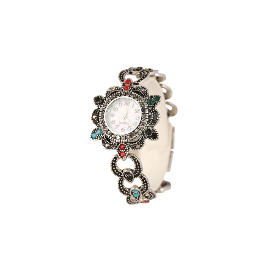 Ceas de mana vintage de dama, cadran flori si cristale colorate si curea cu cercuri Argintiu - 
