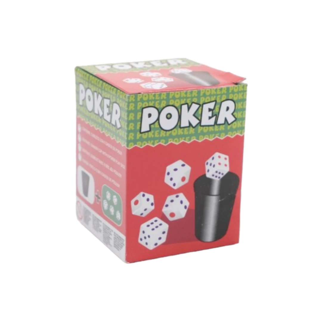 Cutie cu 5 zaruri, pentru jocuri de poker si de societate, material plastic, culoare negru, dimensiune 8,5x6,5x6,5 cm - 