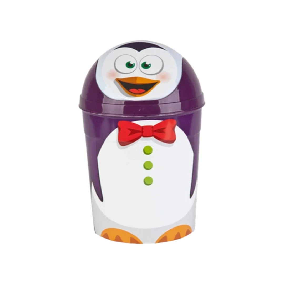 Cos de gunoi camera copil, design pinguin, 4L, capac rabatabil manual, multicolor, material plastic rezistent - 