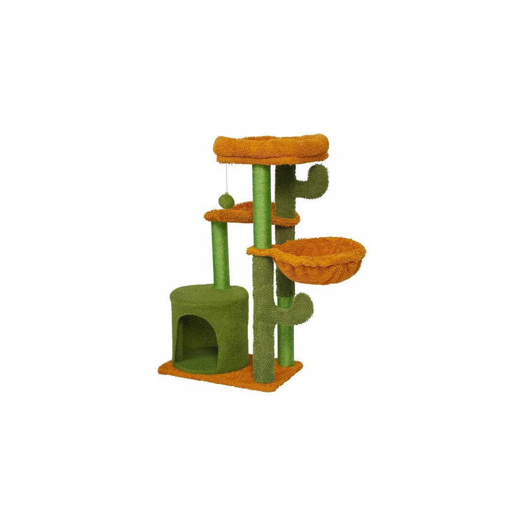Ansamblu de joaca pentru pisici, Jumi, model cactus, cu platforme, culcus, ciucure, verde si portocaliu, 47x90 cm - 