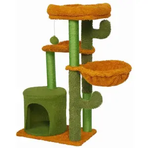 Ansamblu de joaca pentru pisici, Jumi, model cactus, cu platforme, culcus, ciucure, verde si portocaliu, 47x90 cm - 