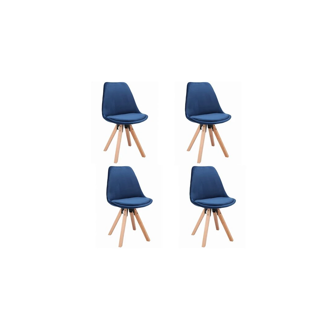 Set 4 scaune bucatarie/living,  Jumi, saida, catifea, lemn, albastru si natur, 49x52x83 cm - 