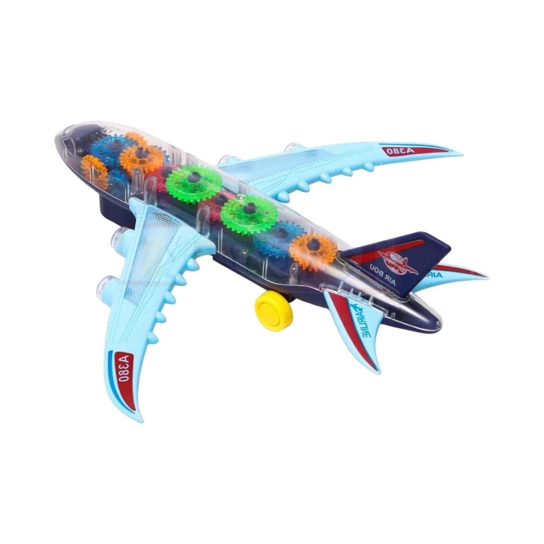 Avion de jucarie 3D, transparent si interactiv, 2 culori albastru si rosu, material de plastic rezistent, cu lumini si sunet, 30x29x10 cm - 
