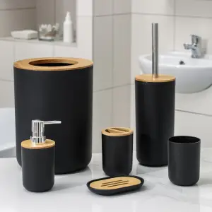 Set Elegant pentru baie format din 6 piese, ABS + lemn, culoare negru/maro - 