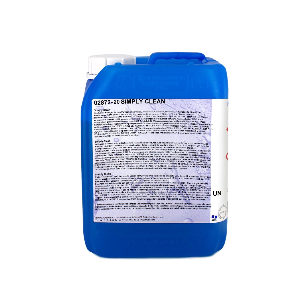 RIWAX Simply Clean, agent de curatare concentrat pentru interior, 20kg - <p>Agent de curatire energic pt. habitacluri auto, bord, volan, tapiterie, si imitatie de piele.In functie de gradul de murdarire, poate fi diluat in proportie de 1:10 sau 1:20 ; pulverizat cca. 1:10ATENTIONARI- Daunator pentru ochi H318, Toxicitate H302, Lichid inflamabil H226, Periculos pt. ape vii H400- Nu se va utiliza sub actiunea razelor solare directe, sau pe suprafete fierbinti. Eventualele pete de solutie pe haine se vor elimina de indata prin clatire cu apa.Prezentare: 20 kg</p>