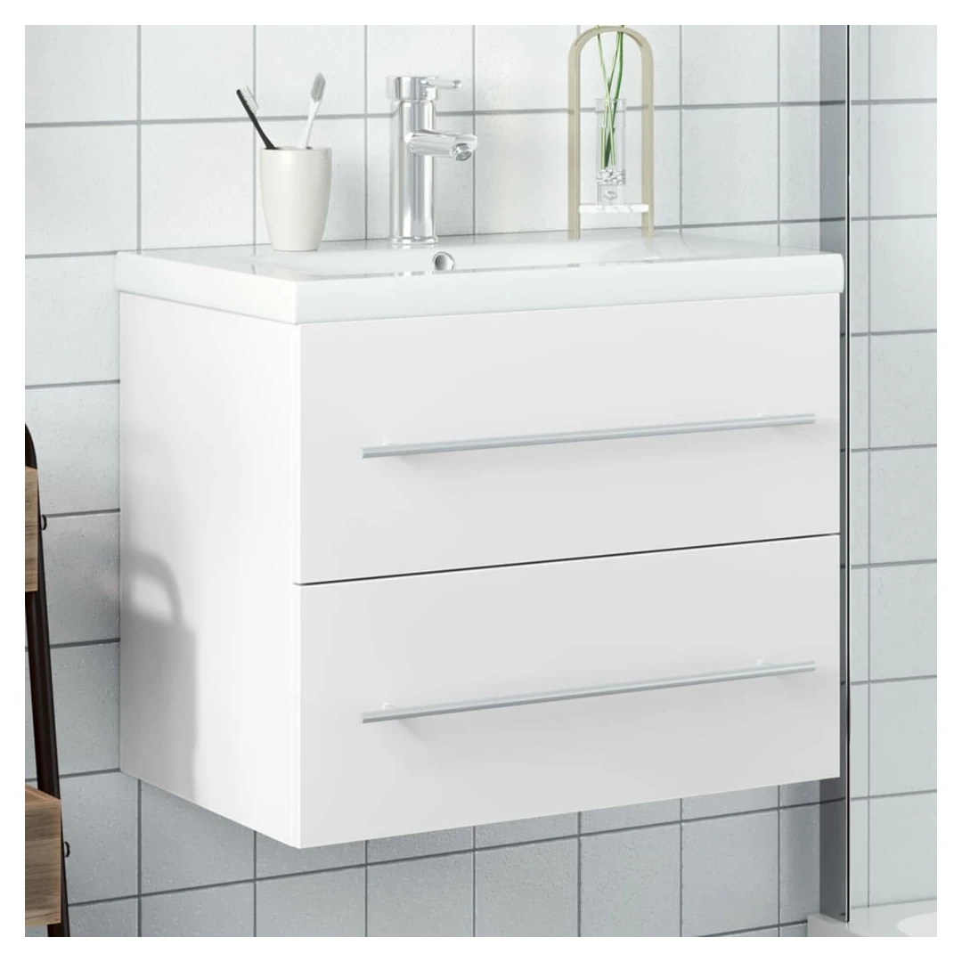 Dulap pentru chiuvetă de baie, lavoar încorporat, alb - Acest elegant dulap pentru chiuvetă, cu lavoar încorporat, cu un spațiu de depozitare generos, este o completare excelentă pentru baia dvs., oferindu-...