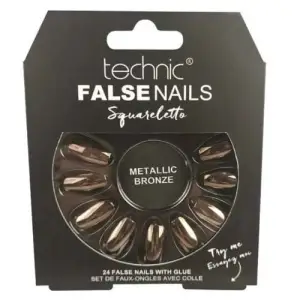 Set 24 unghii false, cu adeziv inclus, Technic, False Nails, Squareletto, Metallic Bronze - 