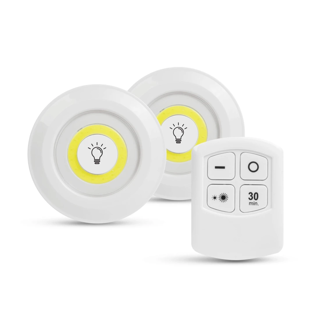 Set de lampi autoadezive de perete - cu telecomanda - O lampa pentru iluminarea practica si usoara a spatiilor interioare, fara necesitatea de conectare la retea.Datorita capacului posterior autoadeziv, il poti atasa usor si rapid pe aproape orice suprafata. Poti aprinde sau opri lampa folosind butonul central sensibil la presiune sau telecomanda.Tehnologia LED permite un consum redus de energie, deci nu este nevoie sa schimbati frecvent bateriile. Este usor de atasat si are un aspect elegant datorita dimensiunii sale reduse.16 LED-uri COB cu luminozitate ridicata Luminozitate reglabila Functia timer Suport autoadeziv Suport autoadeziv pentru telecomanda Putere: 3W Luminozitate: ~ 200 lumeni Alimentare lampa de perete: 3 baterii AAA (nu sunt incluse) Alimentare cu telecomanda: 2 baterii AAA (nu sunt incluse) Dimensiune: O95 x 28 mm Raza telecomanda: max. 10 m Dimensiunea telecomenzii: 86 x 65 x 21 mm Material: plastic Culoare: alba Indice de protectie: IP44