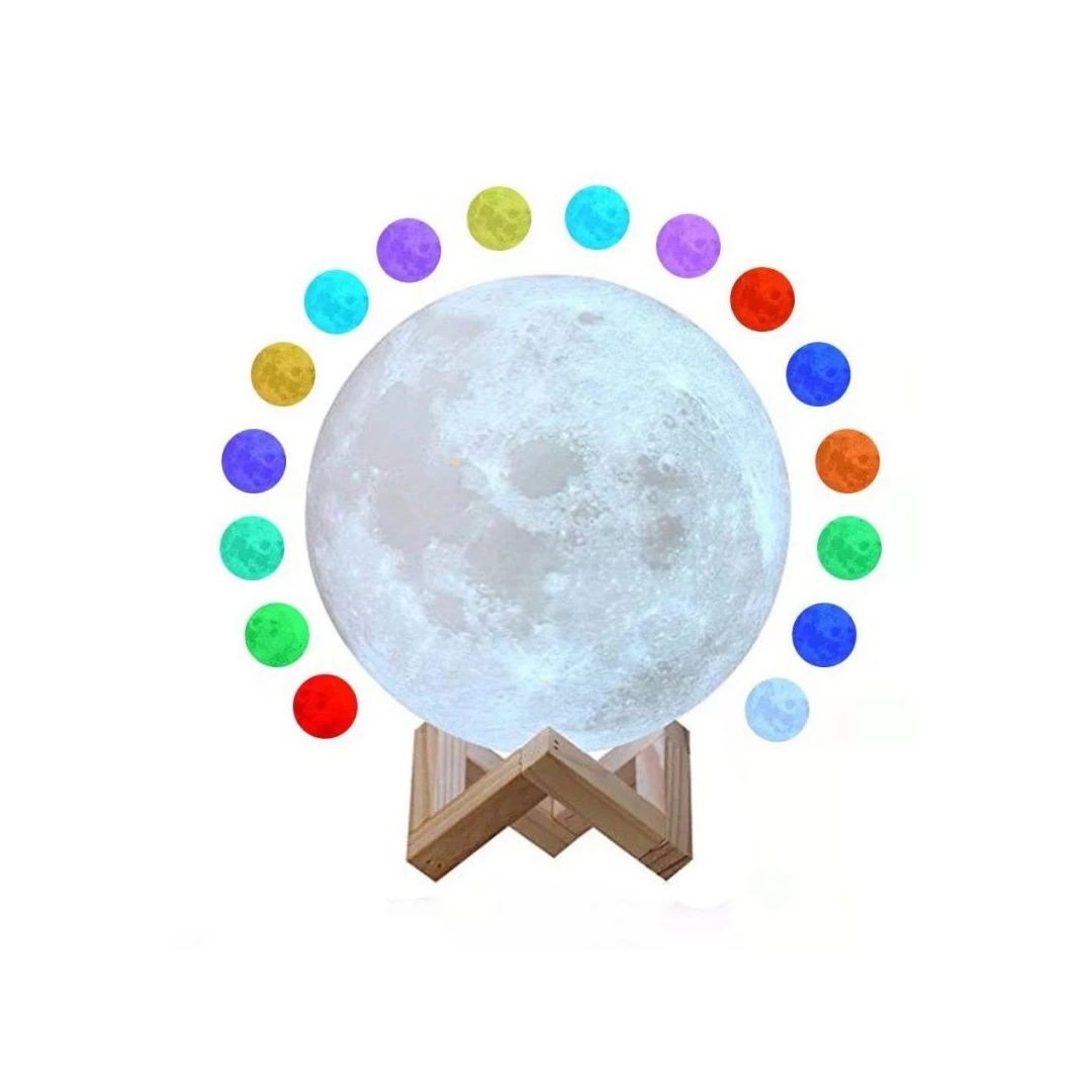 Lampa de veghe luna 3D Moon Light eMazing cu diametru de 18 cm, lumina multicolora LED in 7 culori si schimbare culoare prin atingere, alimentare baterii, suport din plastic inclus - 