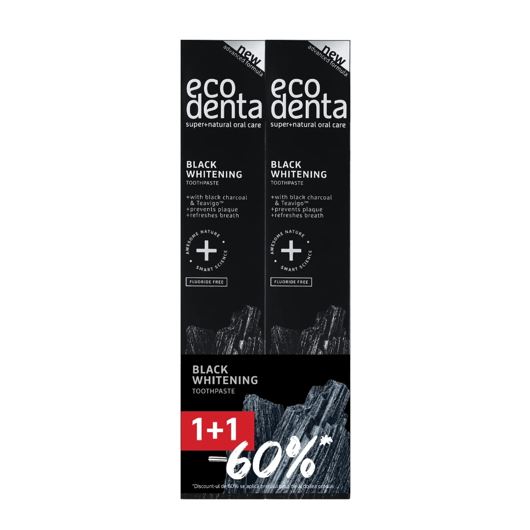 Pachet 1+1-60% Pasta de dinti pentru albire Extra Black cu carbune si Teavigo, Ecodenta, 2x75 ml - 