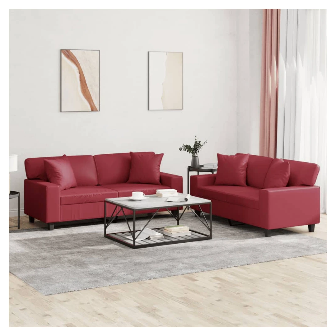 Set de canapele cu perne, 2 piese, roșu vin, piele ecologică - Acest set de canapele este un loc excelent pentru a discuta, a citi, a privi la televizor sau pentru a vă relaxa. Este menit să fie un punct de atracț...
