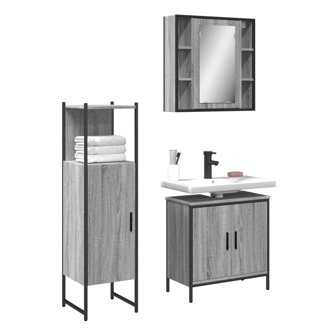Set dulapuri de baie, 3 piese, gri sonoma, lemn prelucrat - Acest set atractiv de dulapuri de baie, cu spațiu amplu de depozitare, are un design elegant, dar practic. Construcție robustă: Oțelul vopsit electros...