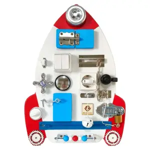 Placa senzoriala busy board pentru copii, model Racheta, 48x33 cm, culoare albastru deschis - 