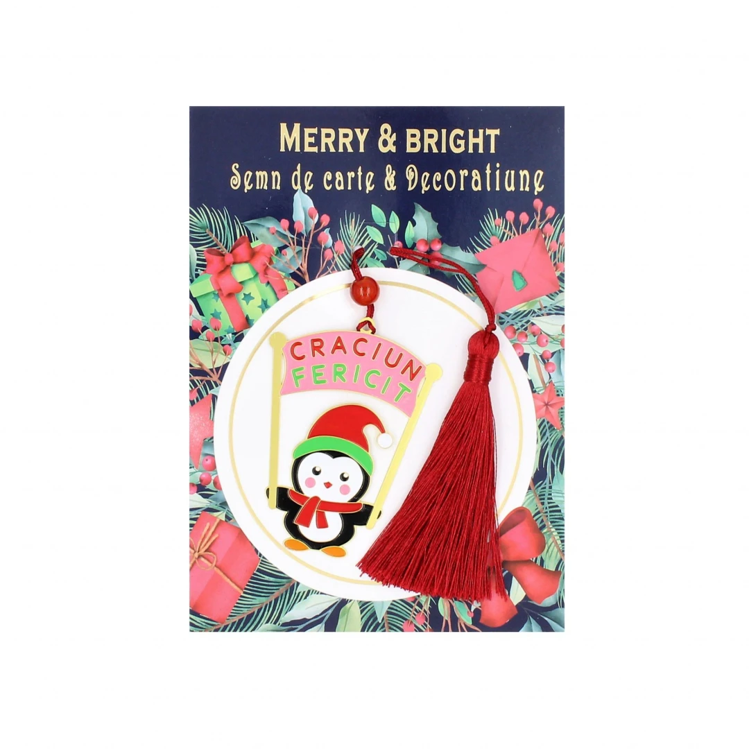 Decorațiune - Semn de carte - Pinguin cu pancartă „Crăciun Fericit” - 