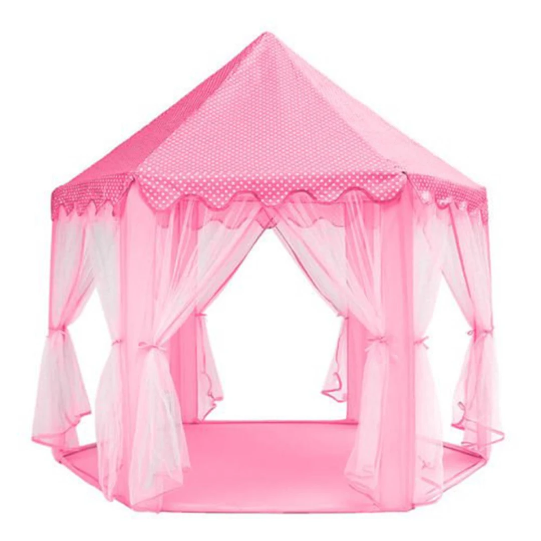 Cort de joaca pentru copii, hexagonal, cu perdele, roz, 135x135x140 cm - 