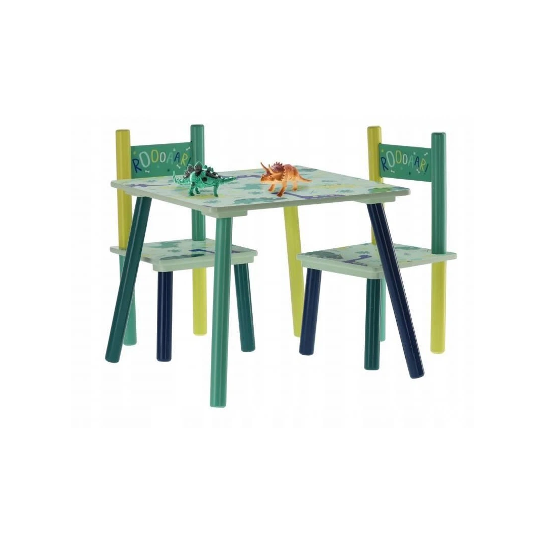 Set mobilier copii, model dinozaur, albastru si verde, lemn + MDF, 50x50x42 cm, Chomik - 