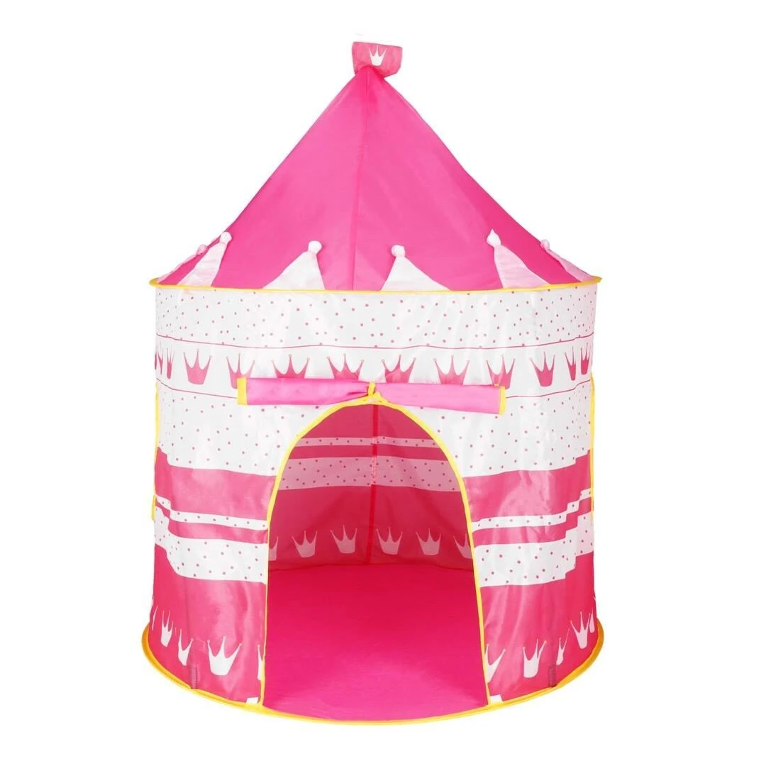 Cort de joaca pentru copii, Springos, tip castel, cu husa, model buline si coronite, roz, 100x140 cm - 