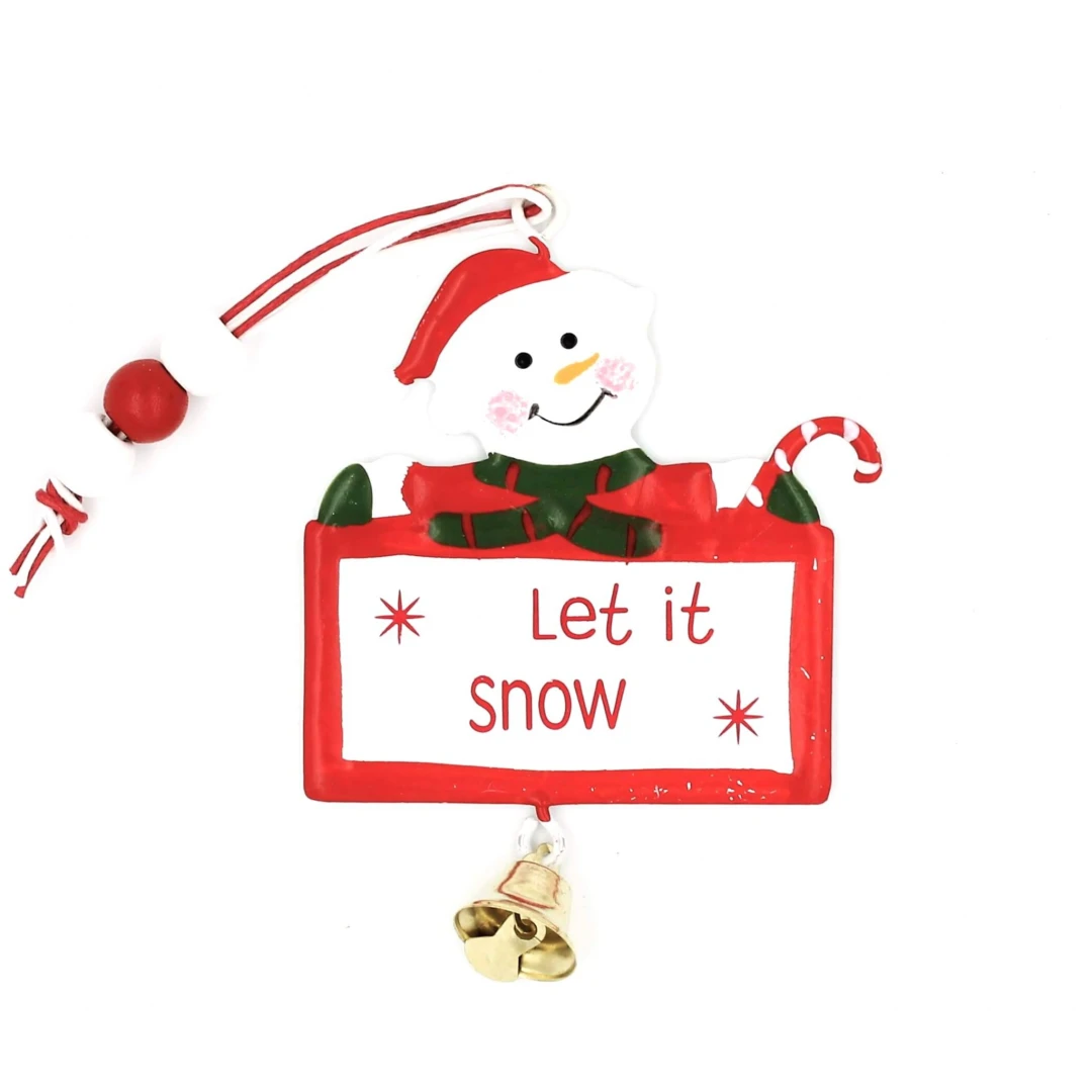 Decorațiune alb cu roșu, din metal, om de zăpadă, cu clopoțel - Let it snow - 