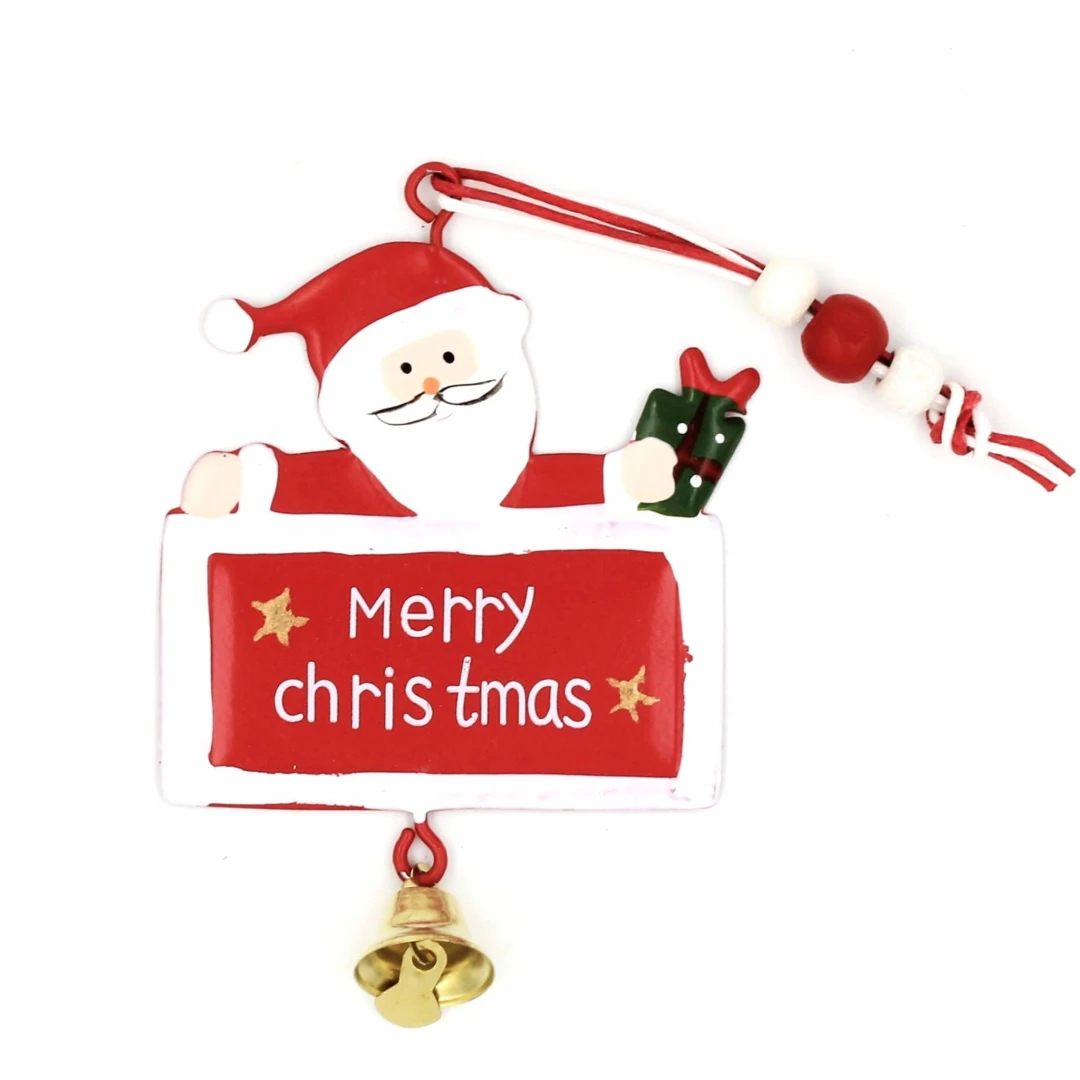 Decorațiune roșie, din metal, Moș Crăciun, cu clopoțel - Merry Christmas - 