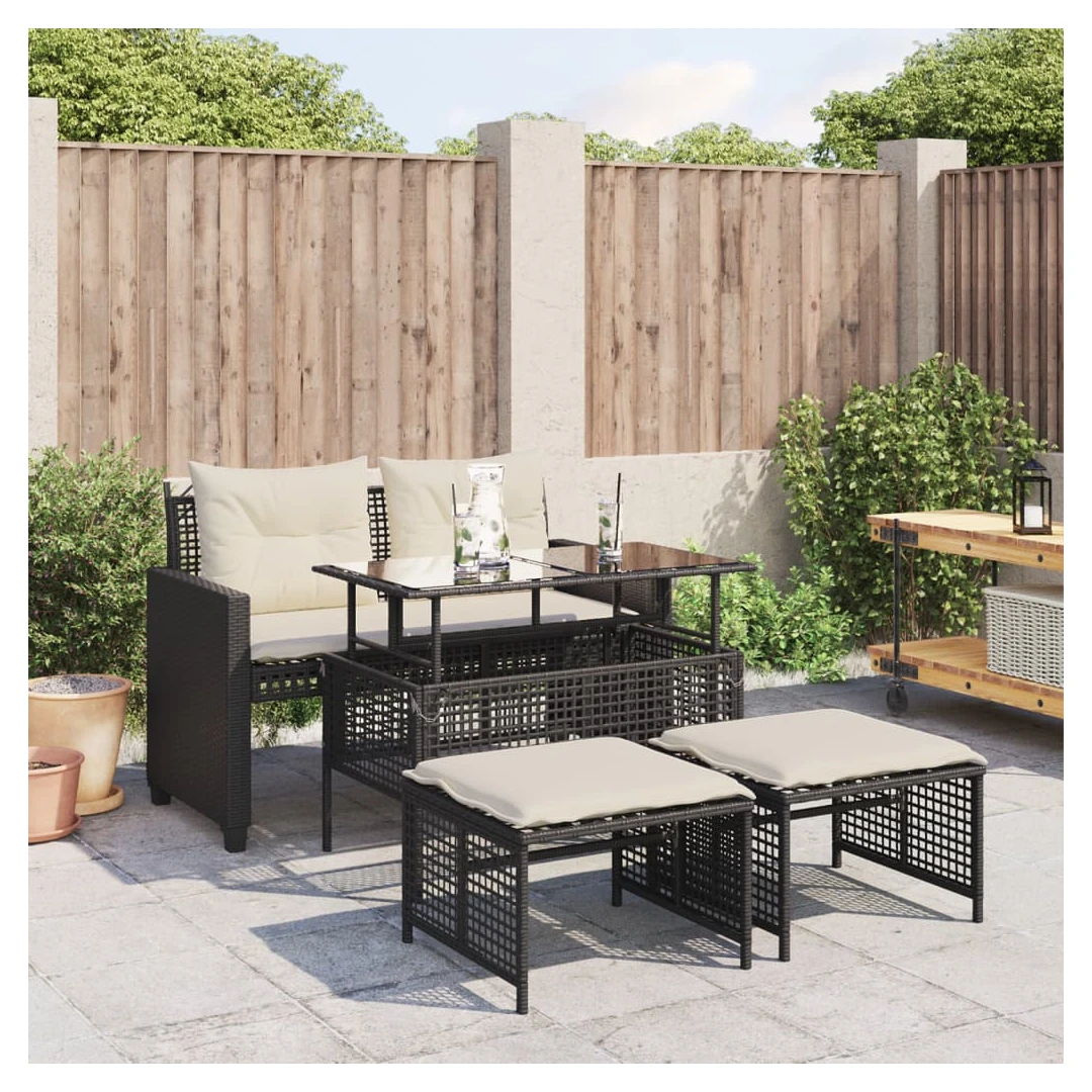 Set canapele de grădină 4 piese cu perne negru sticlă/poliratan - Acest set de canapele pentru grădină este completarea perfectă pentru curtea, terasa sau veranda dvs., oferind un spațiu confortabil și primitor pentr...