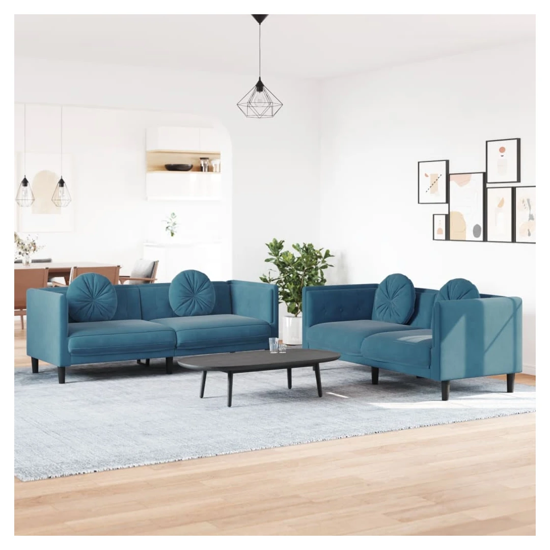 Set de canapele cu perne, 2 piese, albastru, catifea - Acest set de canapele este un loc excelent pentru a discuta, a citi, a privi la televizor sau pentru a vă relaxa. Este menit să fie un punct de atracț...