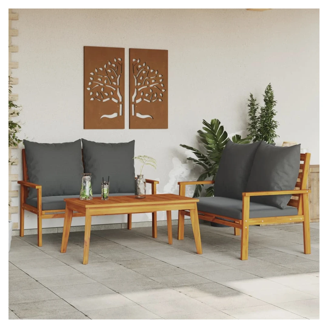 Set mobilier de grădină cu perne, 3 piese, lemn masiv acacia - Acest set de mobilier pentru grădină, din lemn, are un design elegant și este o alegere excelentă pentru relaxare și distracție, în grădină sau pe ter...