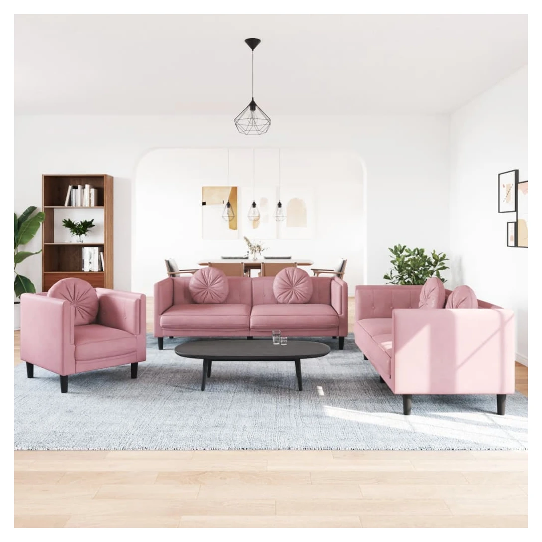 Set canapea cu perne, 3 piese, roz, catifea - Acest set de canapele este un loc excelent pentru a discuta, a citi, a privi la televizor sau pentru a vă relaxa. Este menit să fie un punct de atracț...