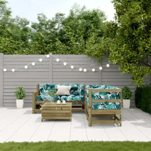 Set mobilier de grădină cu perne, 5 piese, lemn de pin tratat - Acest set de mobilier pentru grădină din lemn, cu design cu șipci, va fi un plus grozav pentru grădina, curtea sau terasa dvs., pentru a vă bucura de...