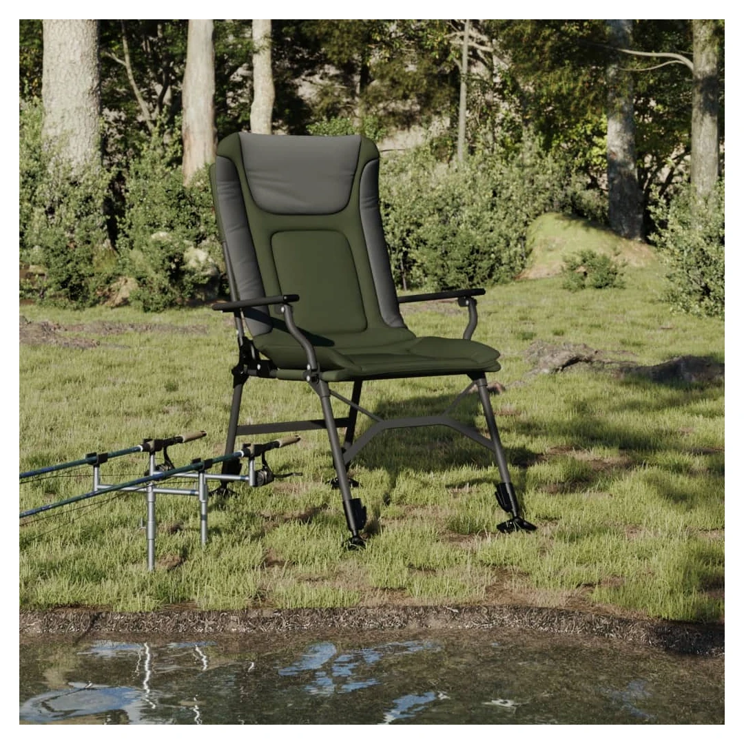 Scaun de pescuit cu cotieră, pliabil, verde - Acest scaun de pescuit este confortabil și portabil, ceea ce îl face excelent pentru sesiuni lungi de pescuit sau doar pentru a fi în aer liber. Durab...