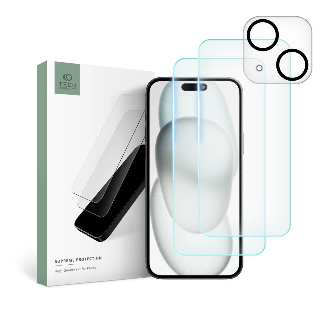 Set 2 Folii Ecran si 1 Folie Camera Tech-Protect Supreme pentru Apple iPhone 15 Transparent - 