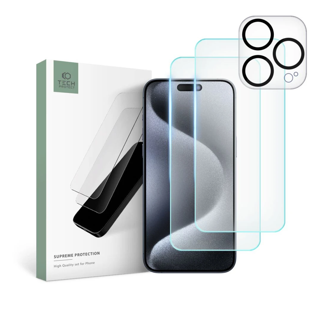 Set 2 Folii Ecran si 1 Folie Camera Tech-Protect Supreme pentru Apple iPhone 15 Pro Transparent - 