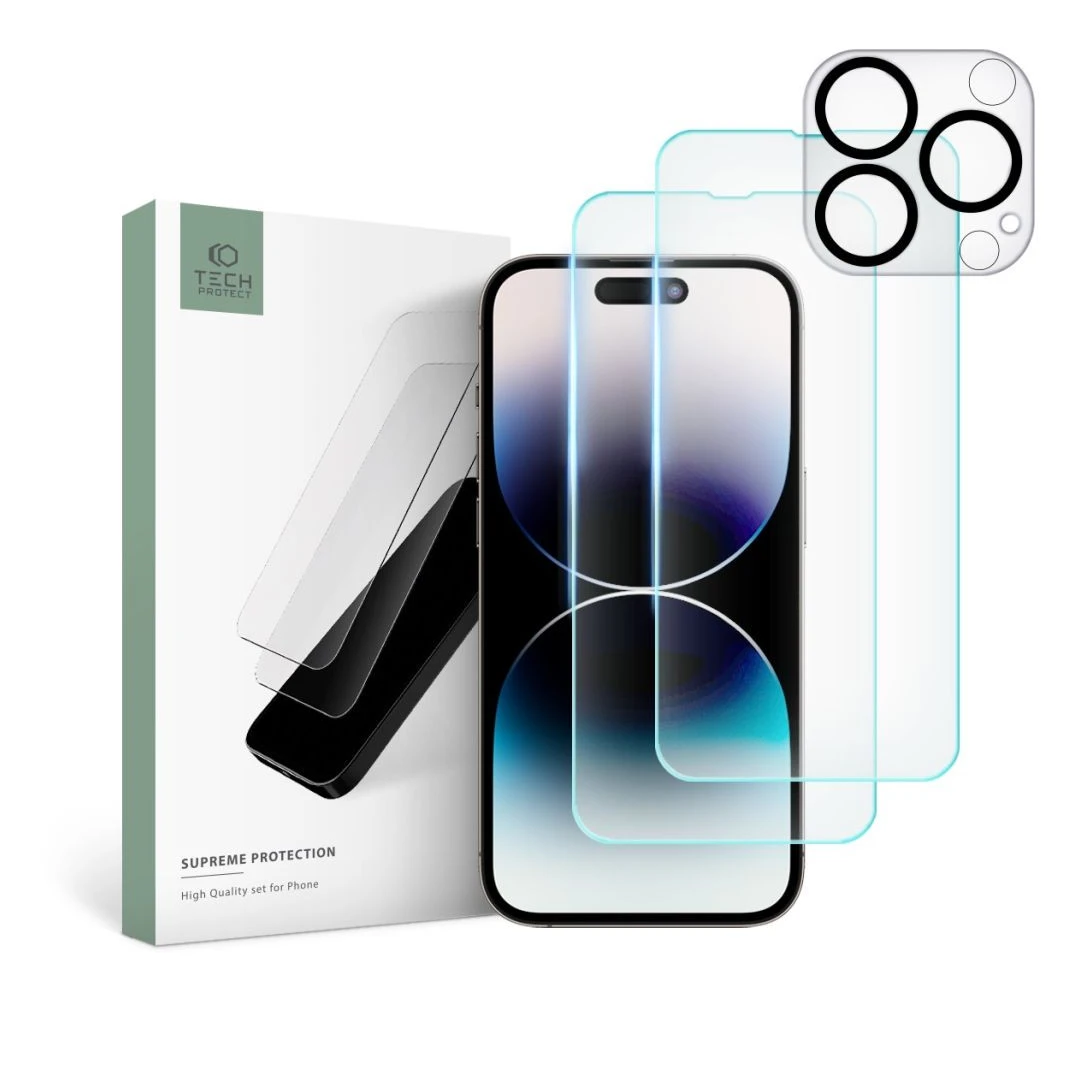 Set 2 Folii Ecran si 1 Folie Camera Tech-Protect Supreme pentru Apple iPhone 14 Pro Max Transparent - 
