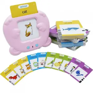 Jucarie Montessori pentru copii, Set invatare cuvinte limba engleza cu cititor de carduri flash, 224 de cuvinte, MicroUSB, roz - 