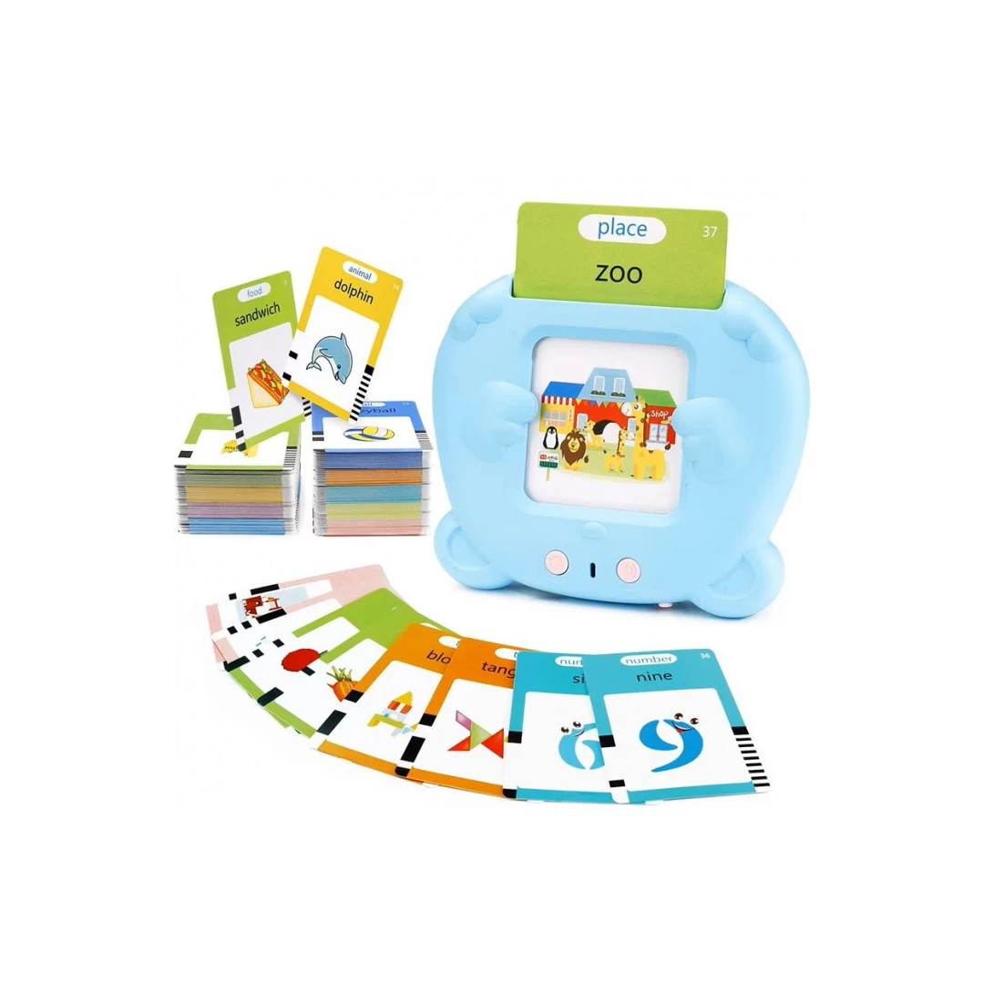 Jucarie Montessori pentru copii, Set invatare limba engleza cu cititor de carduri flash, 224 de cuvinte, MicroUSB, albastru - 