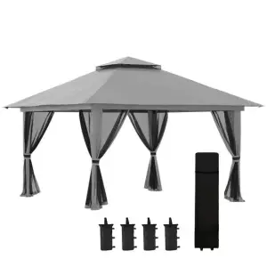 Pavilion/foisor pentru gradina/terasa, pliabil cu inaltime ajustabila, material Oxford, cadru metalic, cu plasa insecte, 4 contragreutati, gri, 3.92x3.92x2.83 m - 