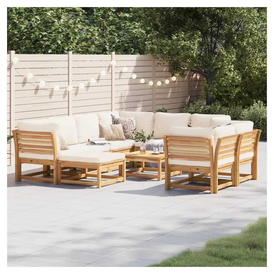 Set mobilier grădină cu perne, 10 piese, lemn masiv acacia - Acest set de mobilier pentru grădină, din lemn, cu perne, are un design elegant și este o alegere excelentă pentru relaxare și distracție, în grădină...