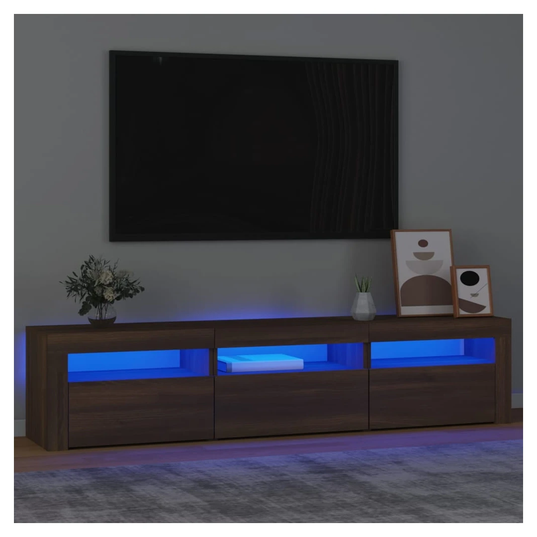 Comodă TV cu lumini LED, stejar maro, 180x35x40 cm - Cu un design modern, dar totodată practic, această comodă TV cu lumini LED va deveni cu siguranță un punct de atracție al camerei dvs. Material practi...