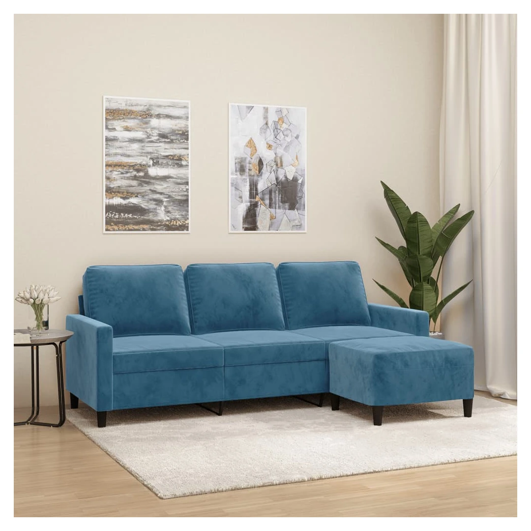 Canapea cu 3 locuri și taburet, albastru, 180 cm, catifea - Această canapea cu 3 locuri, cu taburet, este un loc excelent pentru a discuta, a citi, a privi la televizor sau pentru a vă relaxa. Este menită să fi...