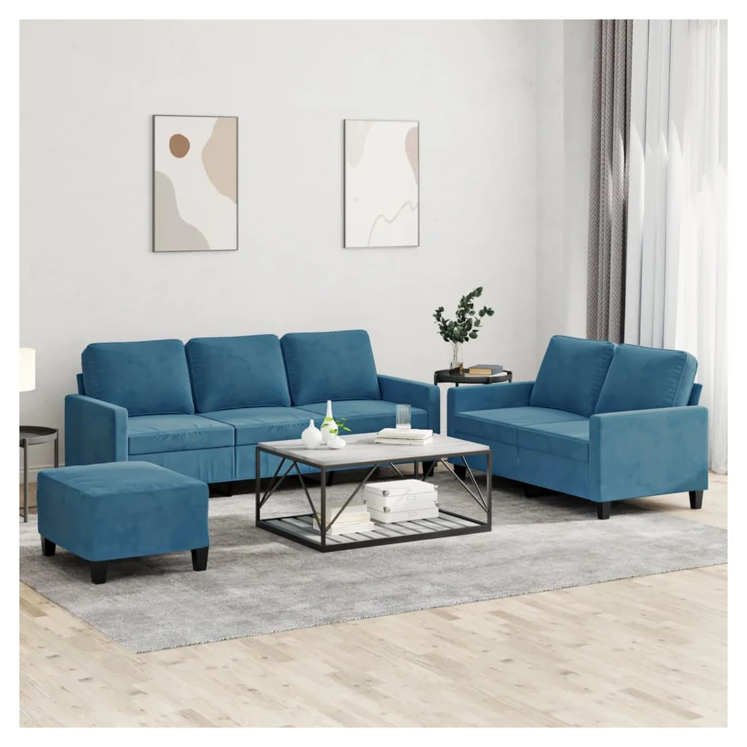 Set de canapele cu perne, 3 piese, albastru, catifea - Acest set de canapele este un loc excelent pentru a discuta, a citi, a privi la televizor sau pentru a vă relaxa. Este menit să fie un punct de atracț...