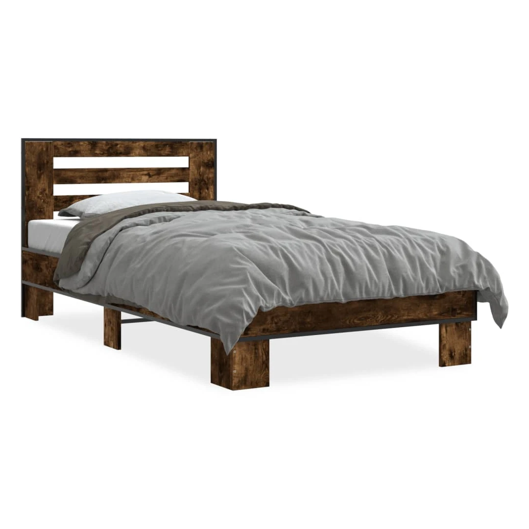 Cadru de pat, stejar fumuriu, 90x190cm, lemn prelucrat și metal - Obține un somn mai odihnitor cu acest cadru de pat! Va fi o completare binevenită în orice dormitor. Material durabil: Lemnul prelucrat este de o cali...