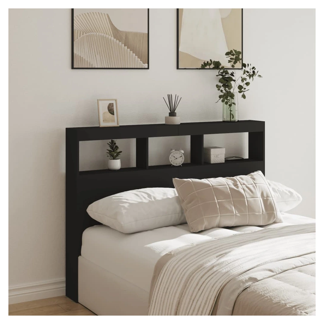 Tăblie cu dulap și LED, negru, 140x17x102 cm - Această tăblie de pat cu dulap și LED, cu un design elegant, oferă cadrul patului dumneavoastră o notă modernă uimitoare și este perfect potrivit în o...