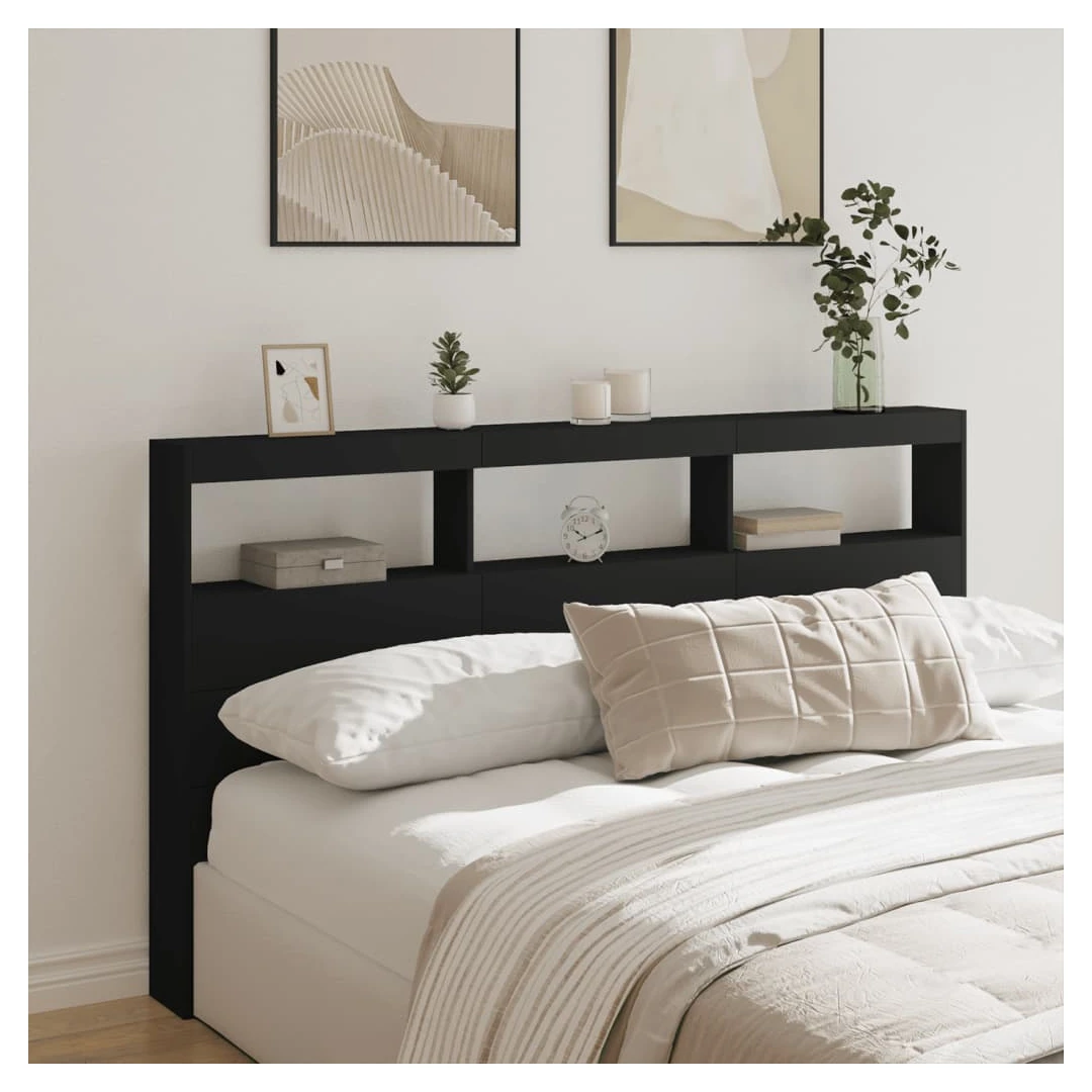 Tăblie cu dulap și LED, negru, 180x17x102 cm - Această tăblie de pat cu dulap și LED, cu un design elegant, oferă cadrul patului dumneavoastră o notă modernă uimitoare și este perfect potrivit în o...