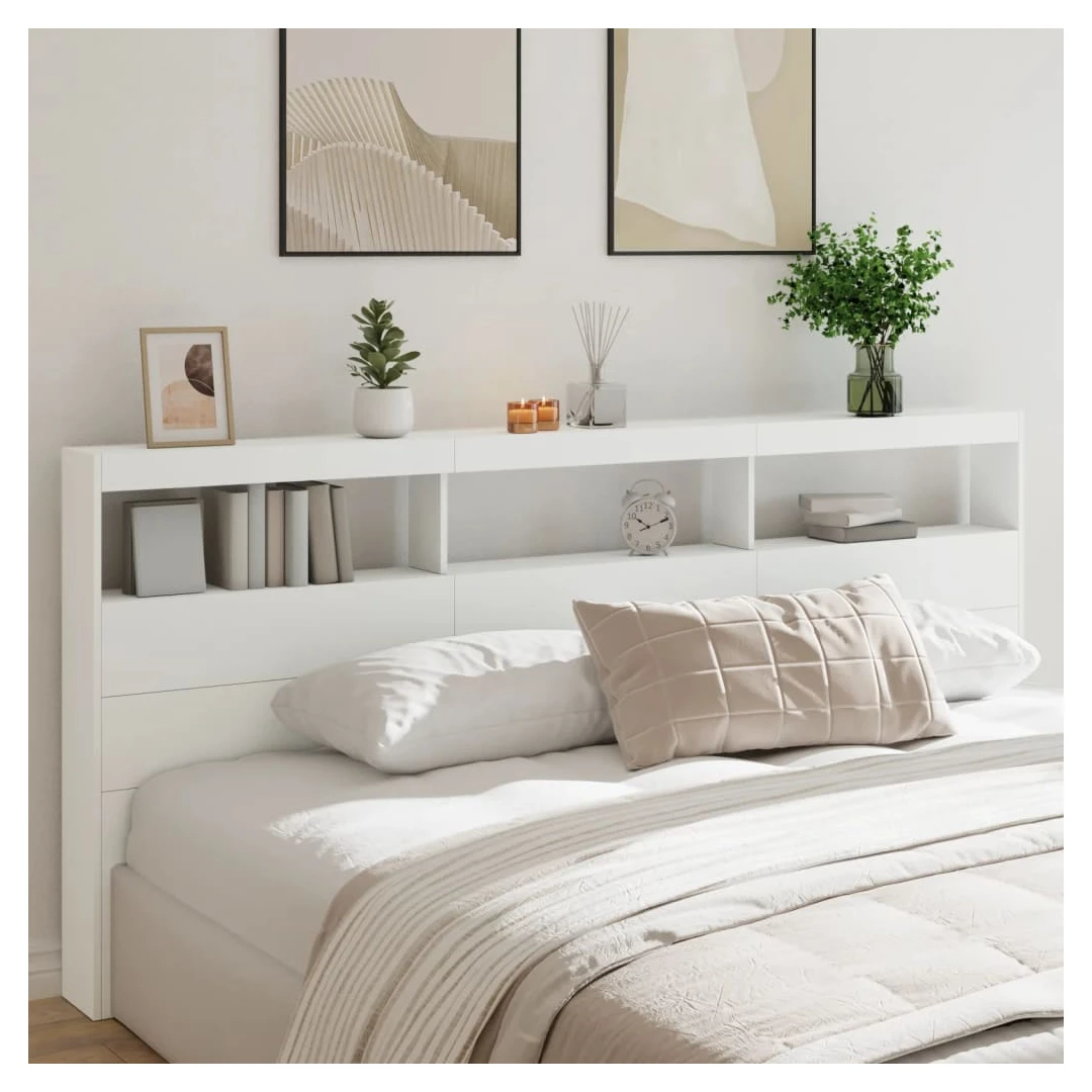 Tăblie cu dulap și LED, alb, 220x17x102 cm - Această tăblie de pat cu dulap și LED, cu un design elegant, oferă cadrul patului dumneavoastră o notă modernă uimitoare și este perfect potrivit în o...