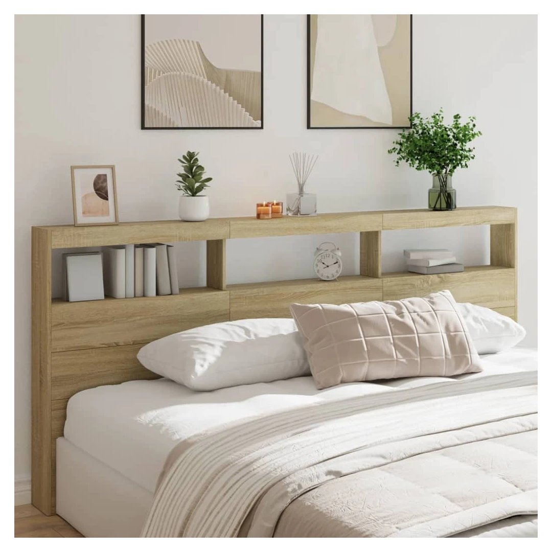 Tăblie de pat cu dulap și LED, stejar sonoma, 220x17x102 cm - Această tăblie de pat cu dulap și LED, cu un design elegant, oferă cadrul patului dumneavoastră o notă modernă uimitoare și este perfect potrivit în o...