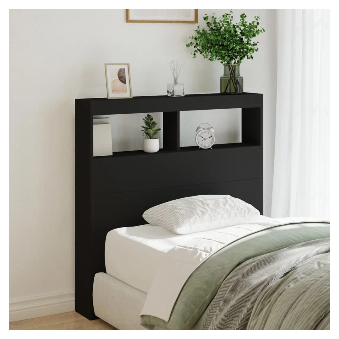 Tăblie cu dulap și LED, negru, 100x17x102 cm - Această tăblie de pat cu dulap și LED, cu un design elegant, oferă cadrul patului dumneavoastră o notă modernă uimitoare și este perfect potrivit în o...