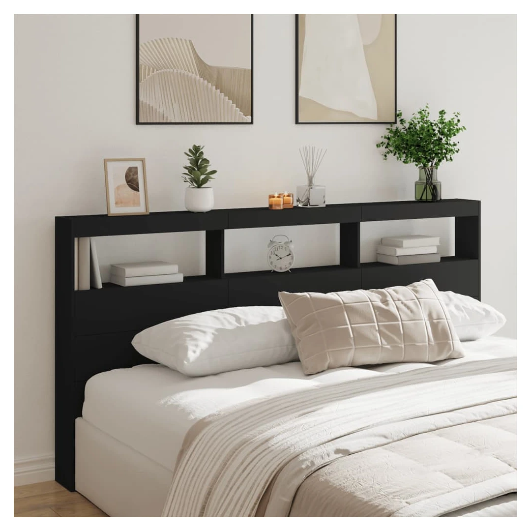 Tăblie cu dulap și LED, negru, 200x17x102 cm - Această tăblie de pat cu dulap și LED, cu un design elegant, oferă cadrul patului dumneavoastră o notă modernă uimitoare și este perfect potrivit în o...
