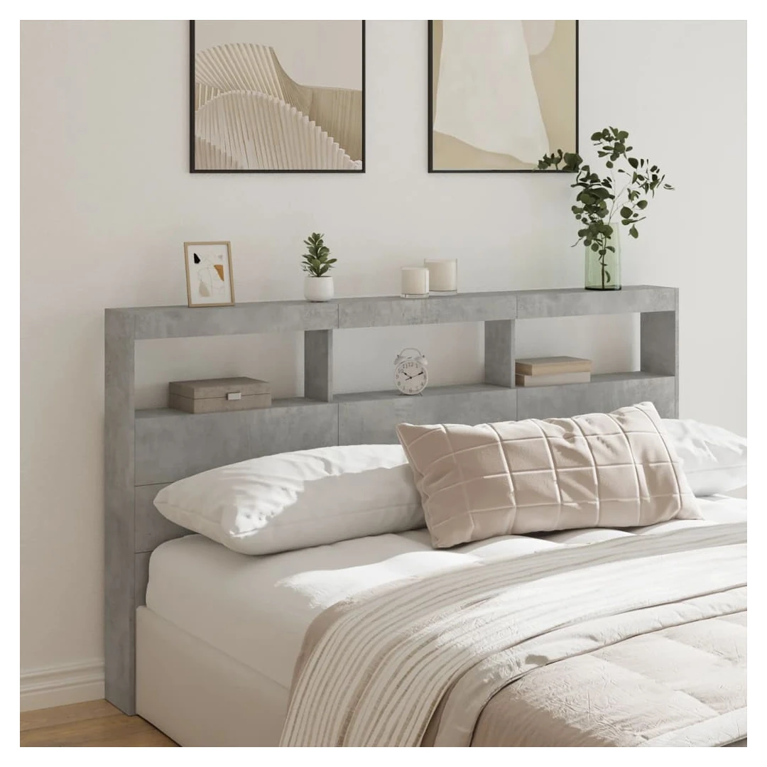 Tăblie de pat cu dulap și LED, gri beton, 180x17x102 cm - Această tăblie de pat cu dulap și LED, cu un design elegant, oferă cadrul patului dumneavoastră o notă modernă uimitoare și este perfect potrivit în o...
