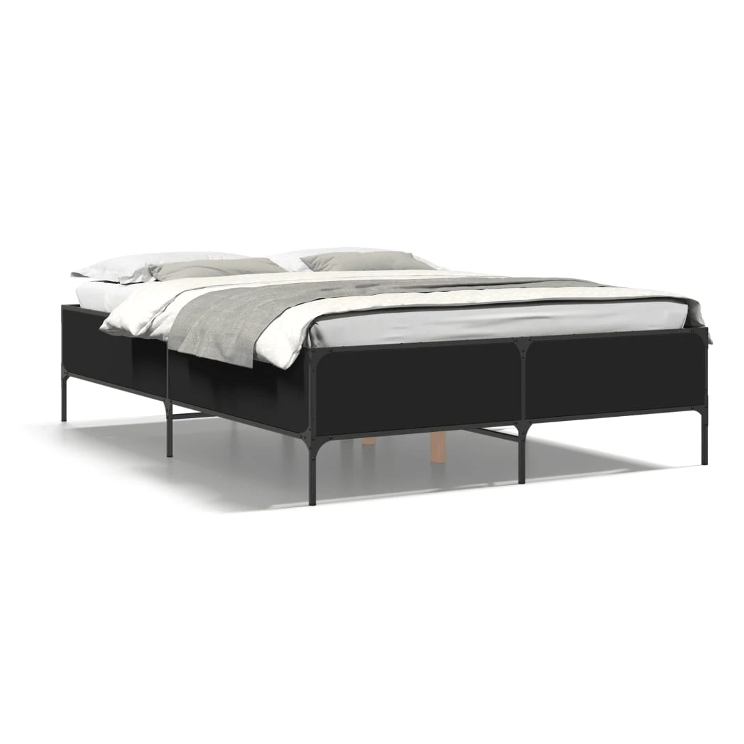 Cadru de pat, negru, 135x190 cm, lemn prelucrat și metal - Obține un somn mai odihnitor cu acest cadru de pat! Va fi o completare binevenită în orice dormitor.  Material durabil: Lemnul prelucrat este de o cal...