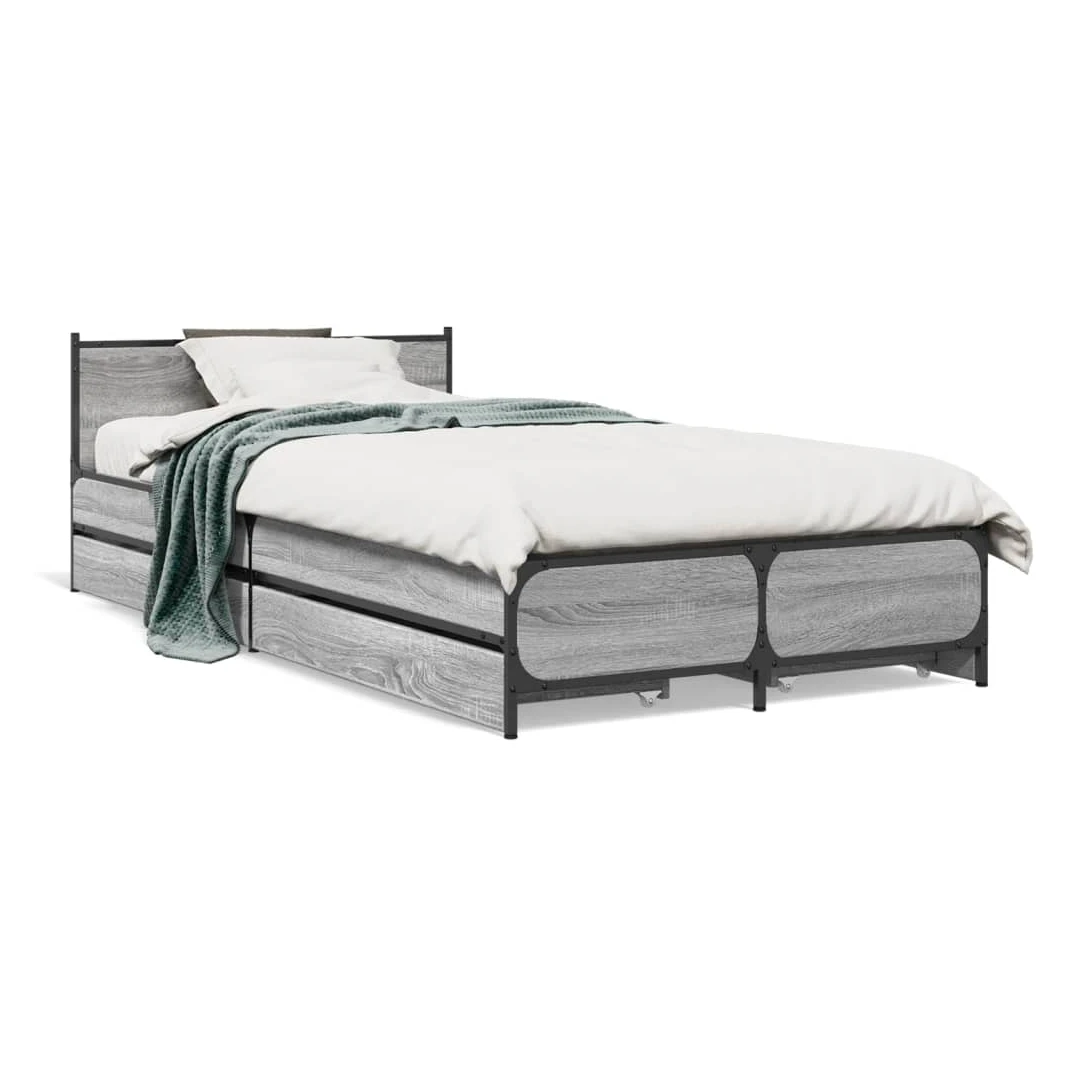 Cadru de pat cu sertare gri sonoma 90x190 cm lemn prelucrat - Obține un somn mai odihnitor cu acest cadru de pat cu LED! Va fi o completare binevenită în orice dormitor.  Material durabil: Lemnul prelucrat este d...